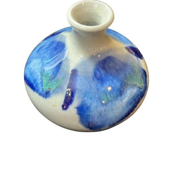 Signed Art Pottery Squat Vase Bud Vase Blue & Gray 3" Tall - Picture 2 of 4